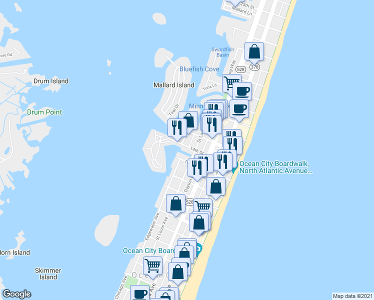 map of restaurants, bars, coffee shops, grocery stores, and more near 1 13th Street in Ocean City