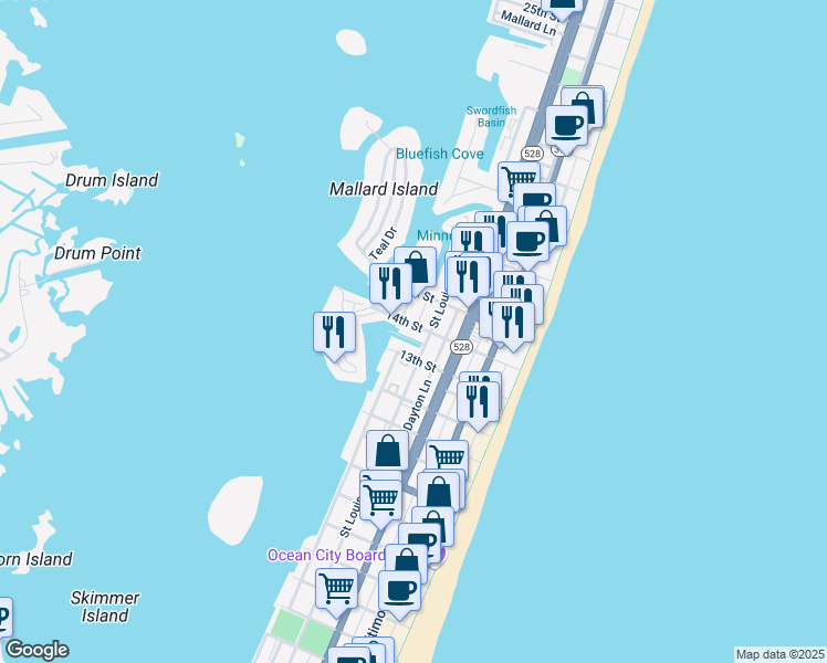 map of restaurants, bars, coffee shops, grocery stores, and more near 301 14th Street in Ocean City