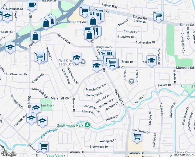 map of restaurants, bars, coffee shops, grocery stores, and more near 999 Marshall Road in Vacaville