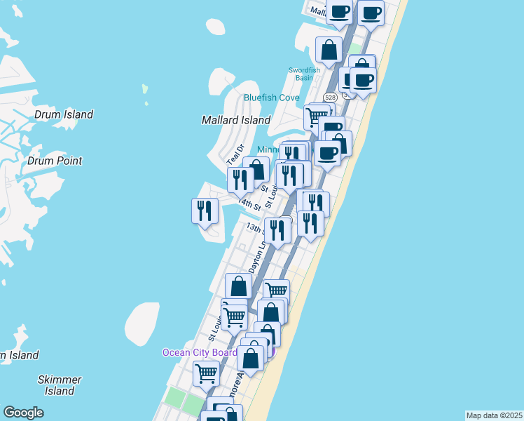 map of restaurants, bars, coffee shops, grocery stores, and more near 1399 Saint Louis Avenue in Ocean City