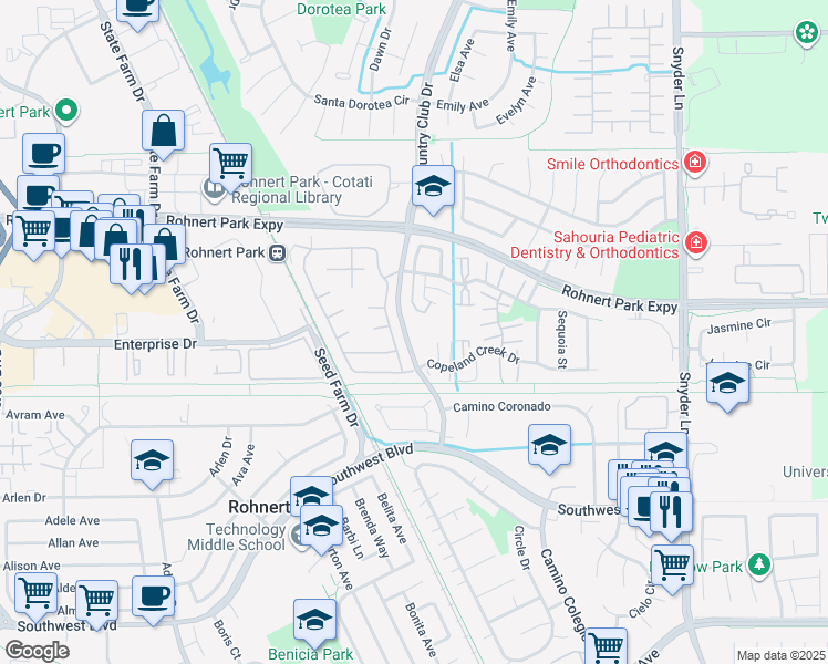 map of restaurants, bars, coffee shops, grocery stores, and more near 6500 Country Club Drive in Rohnert Park