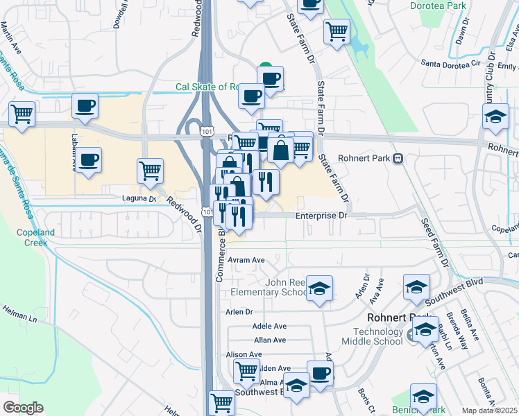 map of restaurants, bars, coffee shops, grocery stores, and more near 10 Enterprise Drive in Rohnert Park