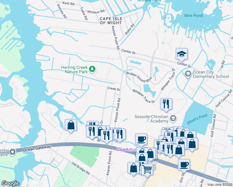 map of restaurants, bars, coffee shops, grocery stores, and more near 10116 Bonita Drive in Ocean City