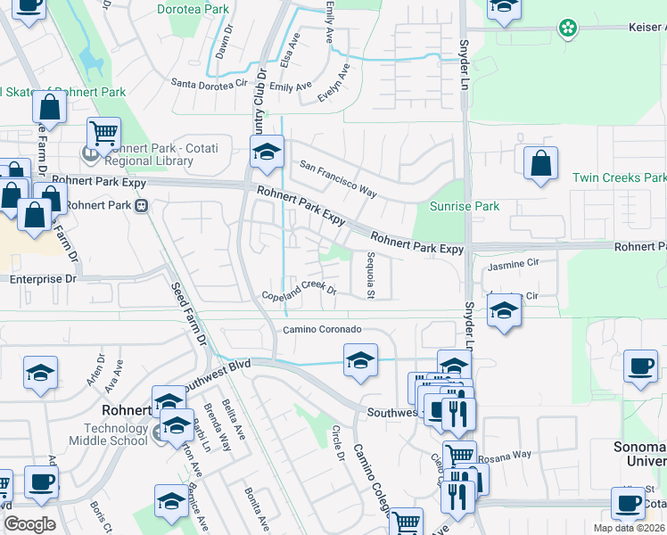 map of restaurants, bars, coffee shops, grocery stores, and more near 6502 Meadow Pines Avenue in Rohnert Park