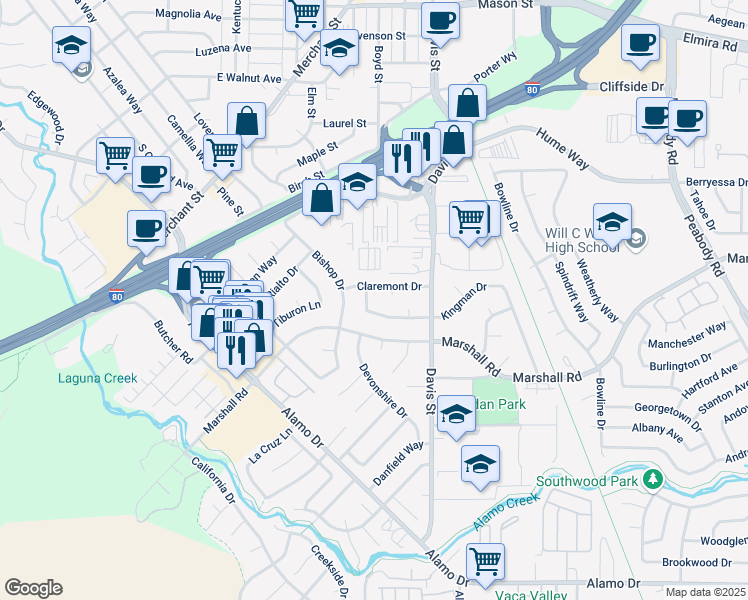 map of restaurants, bars, coffee shops, grocery stores, and more near 659 Kingman Drive in Vacaville