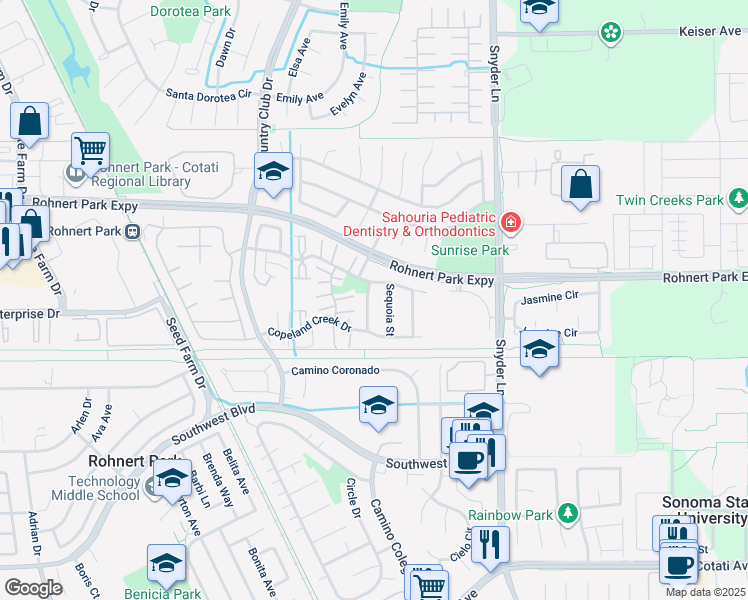 map of restaurants, bars, coffee shops, grocery stores, and more near 6466 Amberwood Street in Rohnert Park