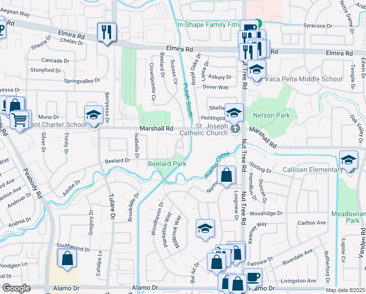 map of restaurants, bars, coffee shops, grocery stores, and more near 908 Beelard Drive in Vacaville