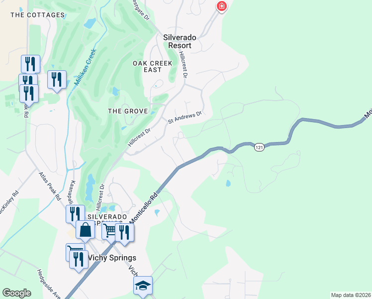 map of restaurants, bars, coffee shops, grocery stores, and more near 2192 Monticello Road in Napa