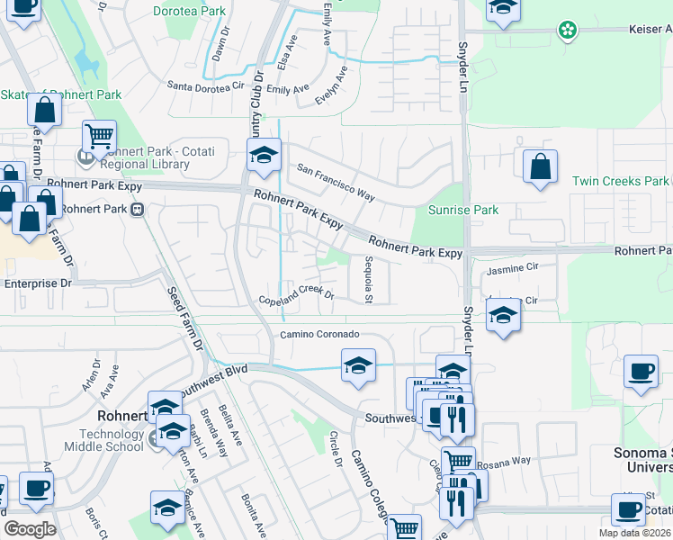 map of restaurants, bars, coffee shops, grocery stores, and more near 6456 Meadow Pines Avenue in Rohnert Park