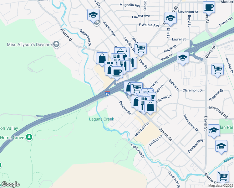map of restaurants, bars, coffee shops, grocery stores, and more near 187 Butcher Road in Vacaville