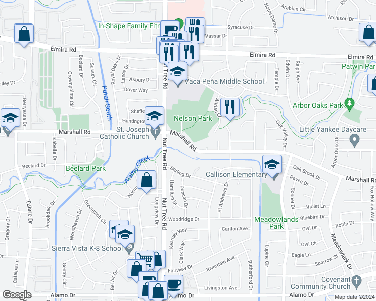 map of restaurants, bars, coffee shops, grocery stores, and more near 2390 Nut Tree Road in Vacaville