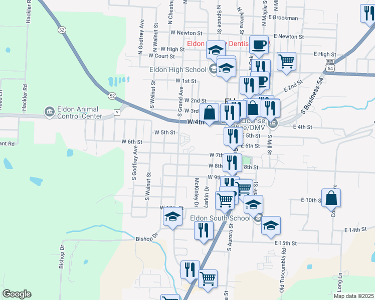 map of restaurants, bars, coffee shops, grocery stores, and more near 706 South Grand Avenue in Eldon