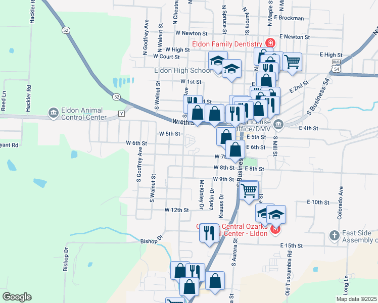 map of restaurants, bars, coffee shops, grocery stores, and more near 706 South Grand Avenue in Eldon