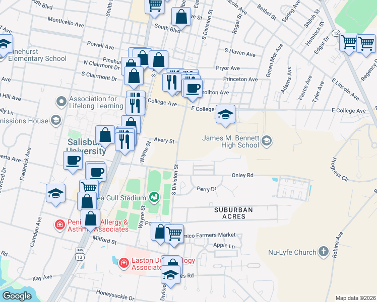 map of restaurants, bars, coffee shops, grocery stores, and more near 1123 South Division Street in Salisbury