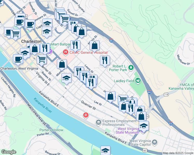 map of restaurants, bars, coffee shops, grocery stores, and more near 1427 Lewis Street in Charleston