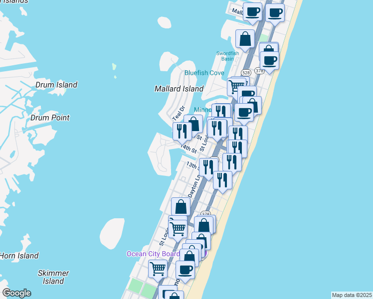 map of restaurants, bars, coffee shops, grocery stores, and more near 1 13th Street in Ocean City