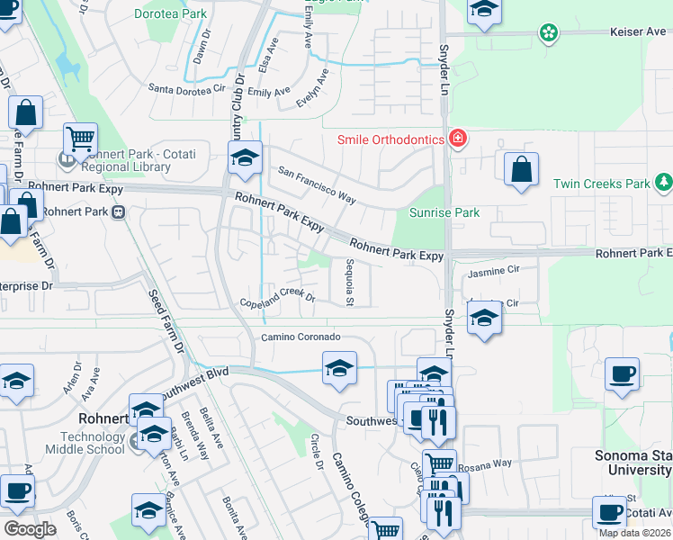 map of restaurants, bars, coffee shops, grocery stores, and more near 6466 Amberwood Street in Rohnert Park