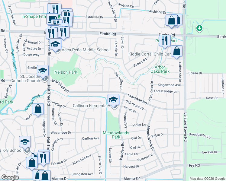map of restaurants, bars, coffee shops, grocery stores, and more near 136 Oak Brook Court in Vacaville