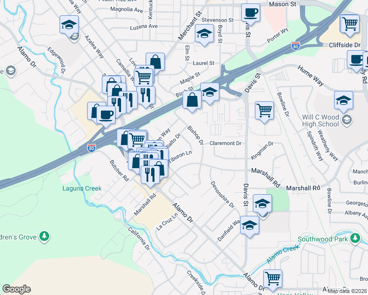 map of restaurants, bars, coffee shops, grocery stores, and more near 621 Tiburon Lane in Vacaville