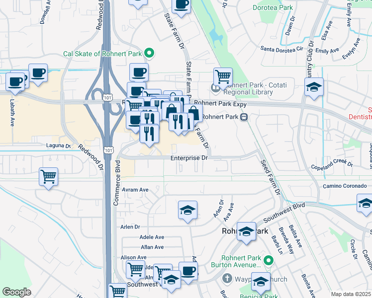 map of restaurants, bars, coffee shops, grocery stores, and more near in Rohnert Park