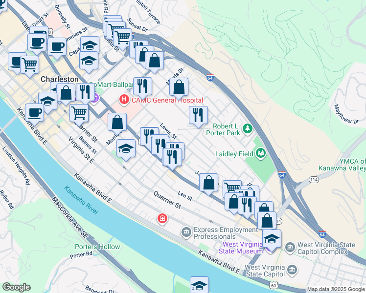 map of restaurants, bars, coffee shops, grocery stores, and more near in Charleston