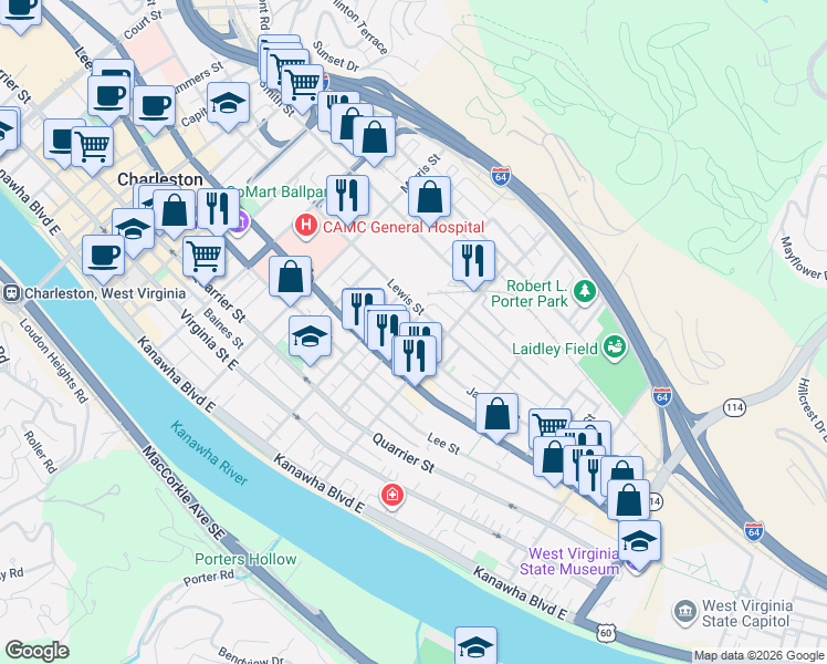 map of restaurants, bars, coffee shops, grocery stores, and more near in Charleston