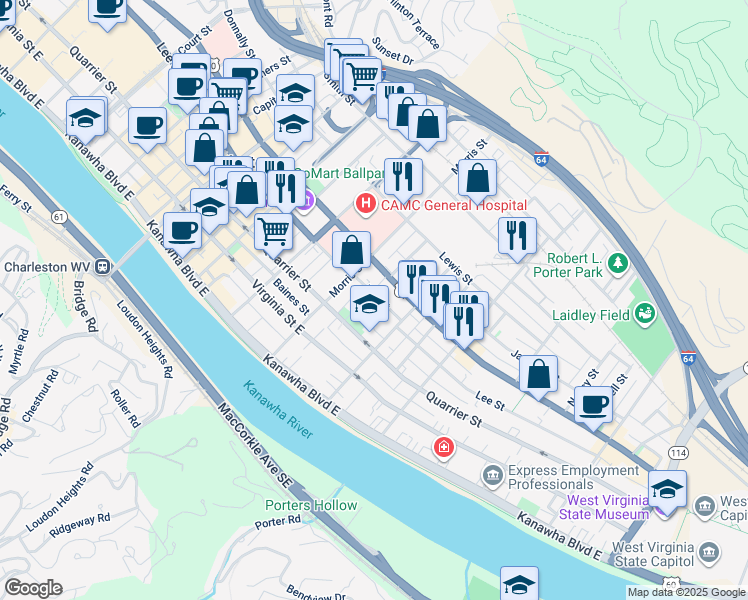 map of restaurants, bars, coffee shops, grocery stores, and more near 112 Maple Terrace in Charleston