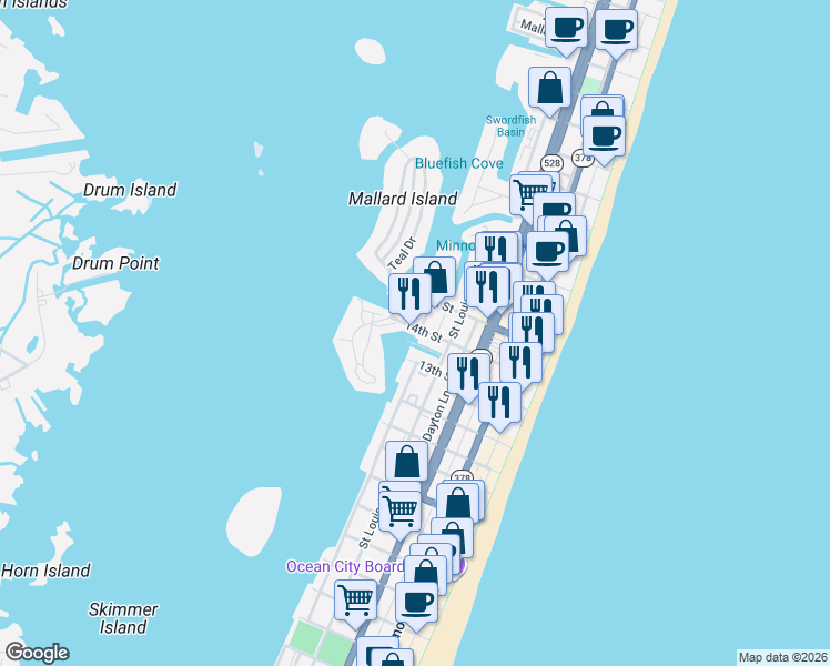 map of restaurants, bars, coffee shops, grocery stores, and more near 1 13th Street in Ocean City