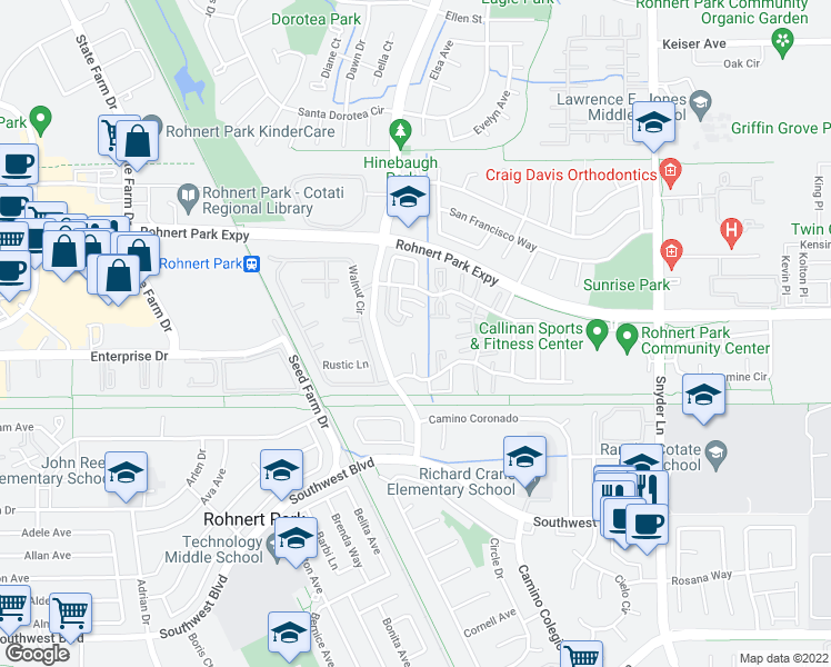 map of restaurants, bars, coffee shops, grocery stores, and more near 914 Joanne Court in Rohnert Park
