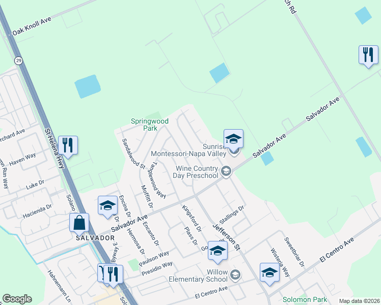 map of restaurants, bars, coffee shops, grocery stores, and more near 4450 Meadowlark Drive in Napa