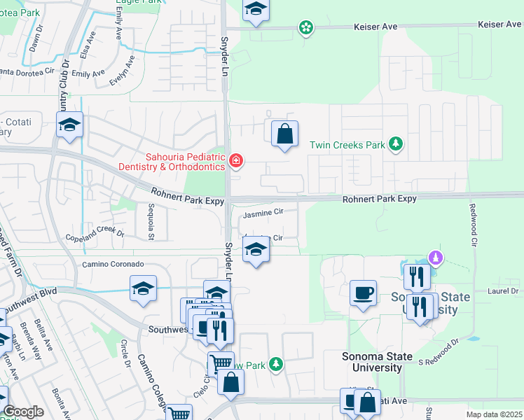 map of restaurants, bars, coffee shops, grocery stores, and more near 1345 Jasmine Circle in Rohnert Park