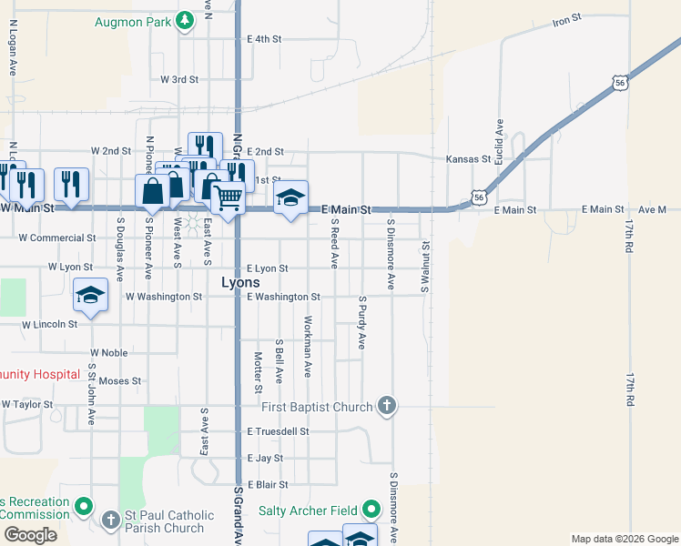 map of restaurants, bars, coffee shops, grocery stores, and more near 201-299 South Reed Avenue in Lyons