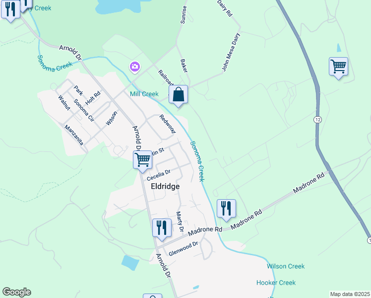 map of restaurants, bars, coffee shops, grocery stores, and more near 15125 Burbank Drive in Glen Ellen