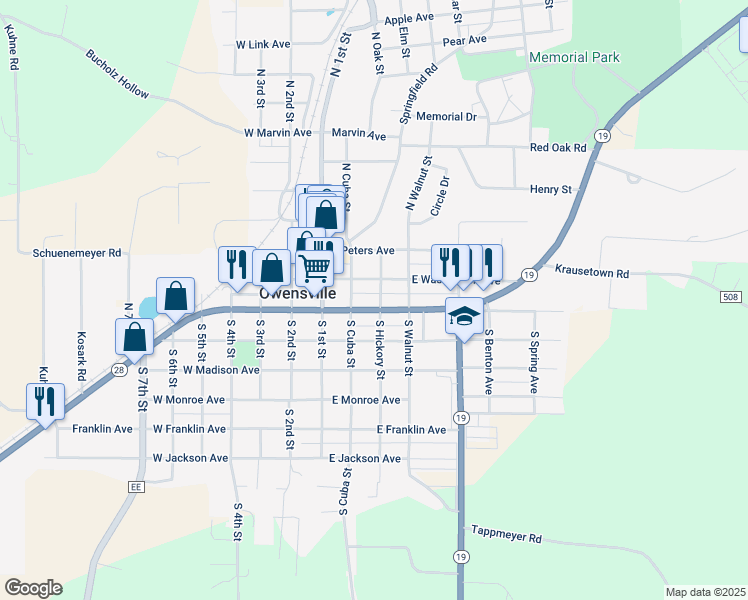 map of restaurants, bars, coffee shops, grocery stores, and more near 212 East Washington Avenue in Owensville