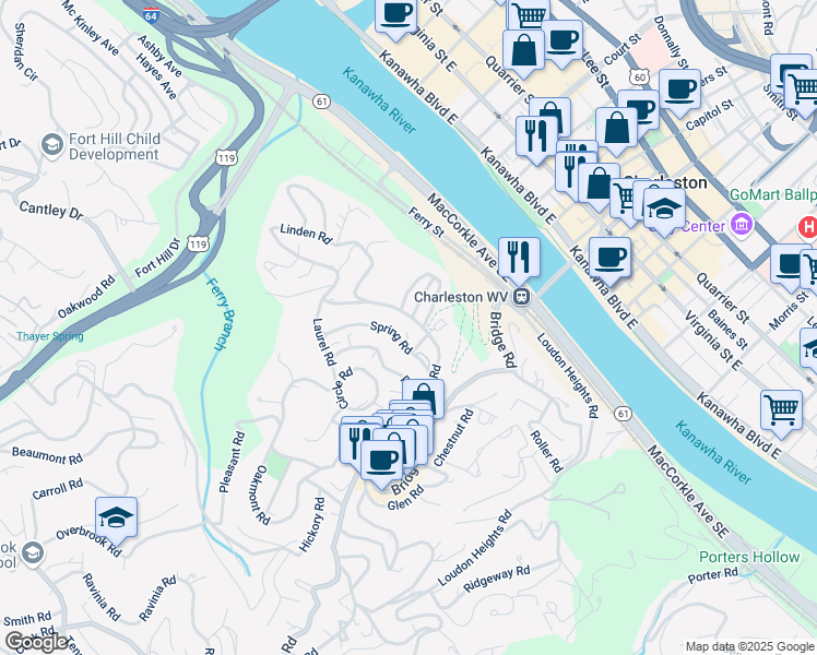 map of restaurants, bars, coffee shops, grocery stores, and more near 743 Myrtle Road in Charleston