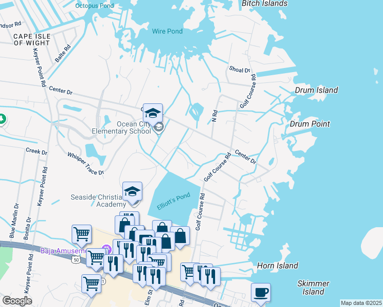 map of restaurants, bars, coffee shops, grocery stores, and more near 12812 Pintail Lane in Ocean City
