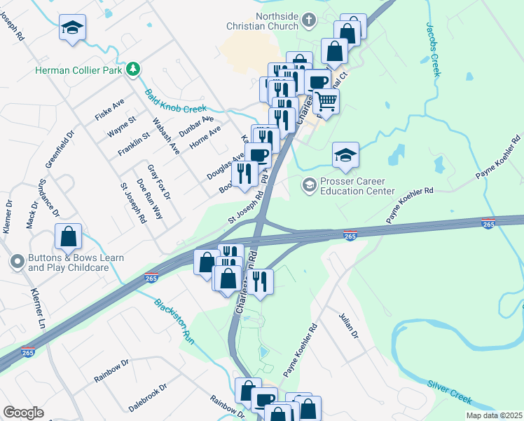 map of restaurants, bars, coffee shops, grocery stores, and more near 4058 Charlestown Road in New Albany