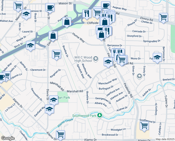 map of restaurants, bars, coffee shops, grocery stores, and more near 998 Marshall Road in Vacaville