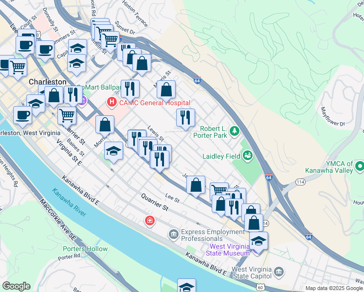 map of restaurants, bars, coffee shops, grocery stores, and more near 1440 Dixie Street in Charleston