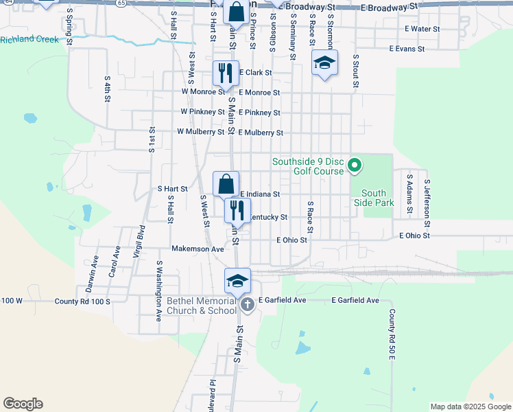 map of restaurants, bars, coffee shops, grocery stores, and more near 203-205 E Indiana St in Princeton