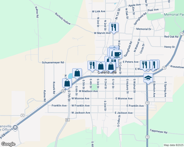 map of restaurants, bars, coffee shops, grocery stores, and more near 311 Highway 28 in Owensville