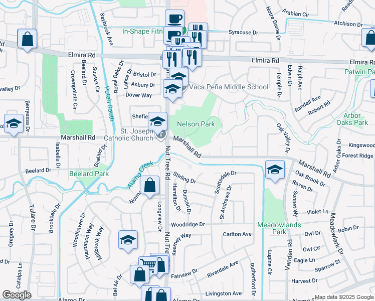 map of restaurants, bars, coffee shops, grocery stores, and more near 1801 Marshall Road in Vacaville