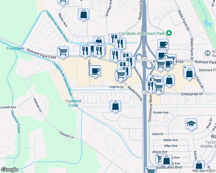 map of restaurants, bars, coffee shops, grocery stores, and more near 458 Laguna Drive in Rohnert Park