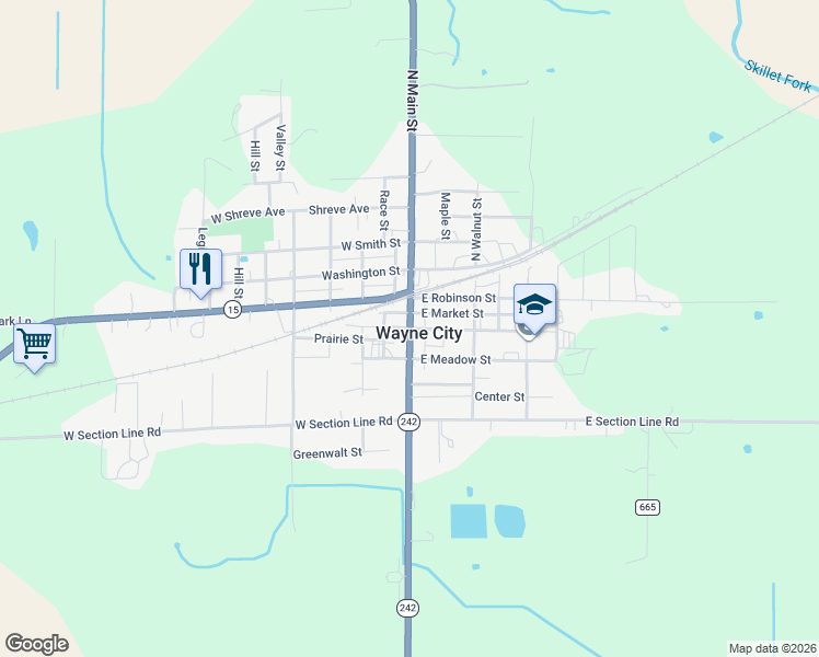map of restaurants, bars, coffee shops, grocery stores, and more near in Wayne City