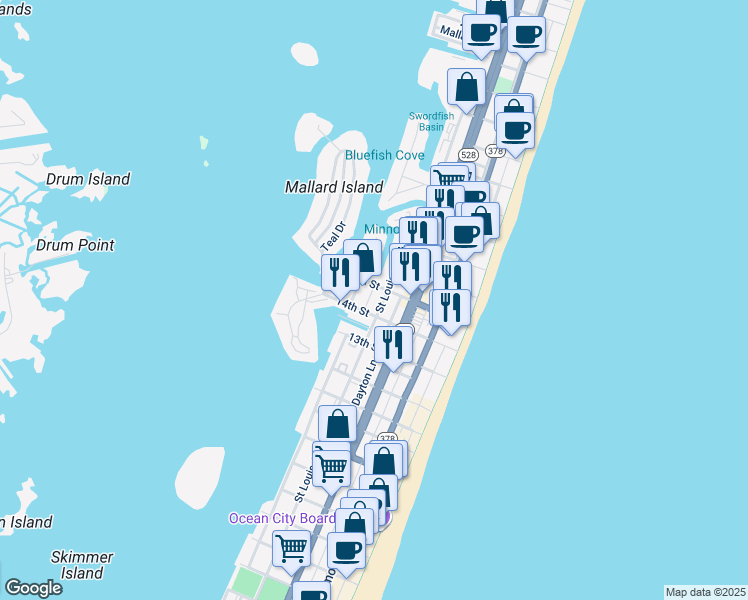 map of restaurants, bars, coffee shops, grocery stores, and more near 5 15th Street in Ocean City