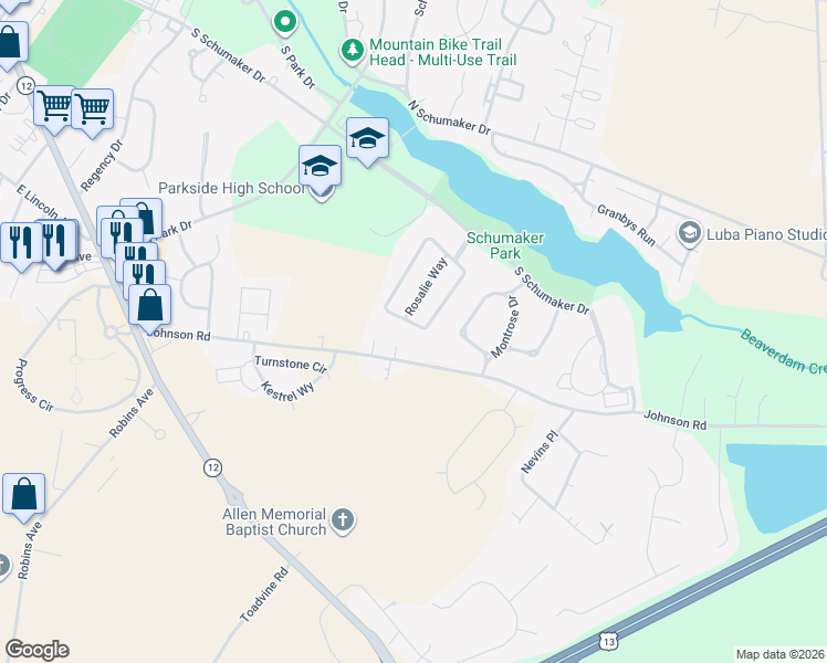 map of restaurants, bars, coffee shops, grocery stores, and more near 1048 East Schumaker Manor Drive in Salisbury