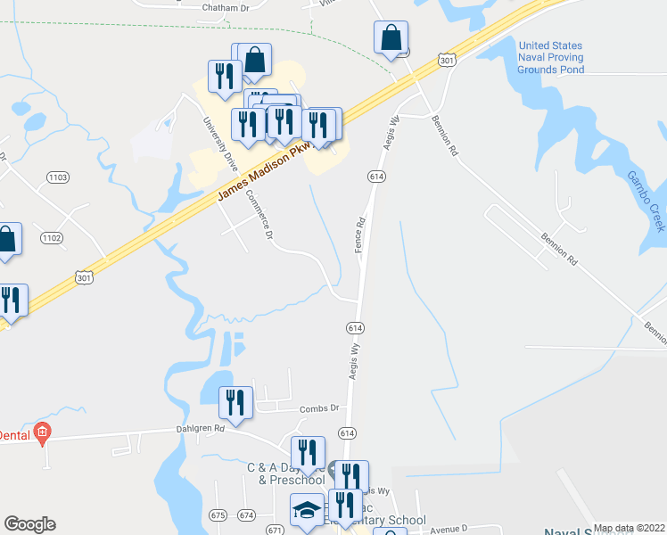map of restaurants, bars, coffee shops, grocery stores, and more near 16543 Commerce Drive in King George