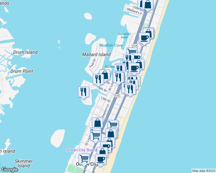 map of restaurants, bars, coffee shops, grocery stores, and more near 1407 Saint Louis Avenue in Ocean City