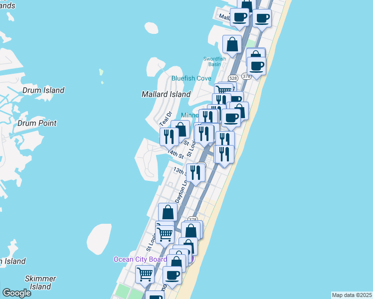 map of restaurants, bars, coffee shops, grocery stores, and more near 1407 Saint Louis Avenue in Ocean City