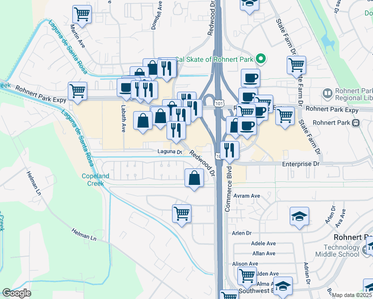 map of restaurants, bars, coffee shops, grocery stores, and more near 6425 Redwood Dr in Rohnert Park